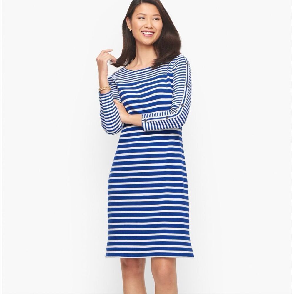 Talbots petite 100% cotton button detail shift dress-mixed stripe size PL NWT